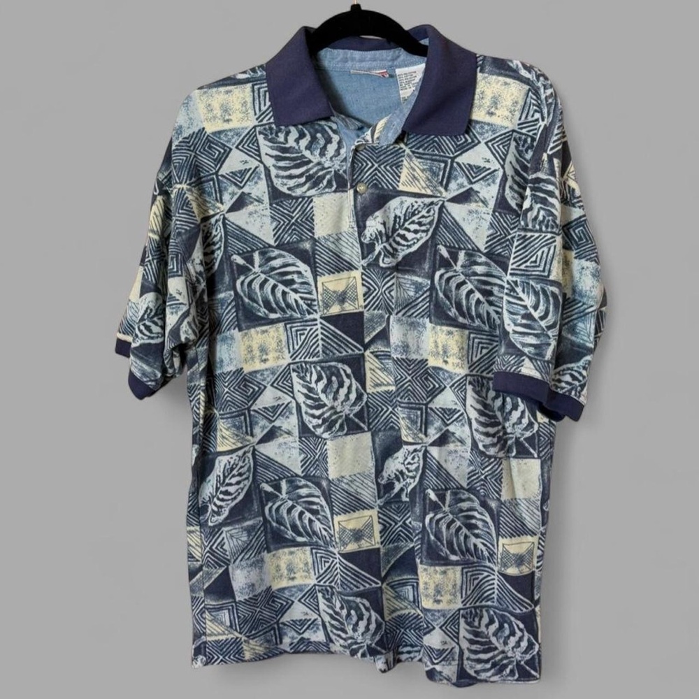 Bugle Boy Blue White Geometric Palm Leaf Polo Shirt Medium